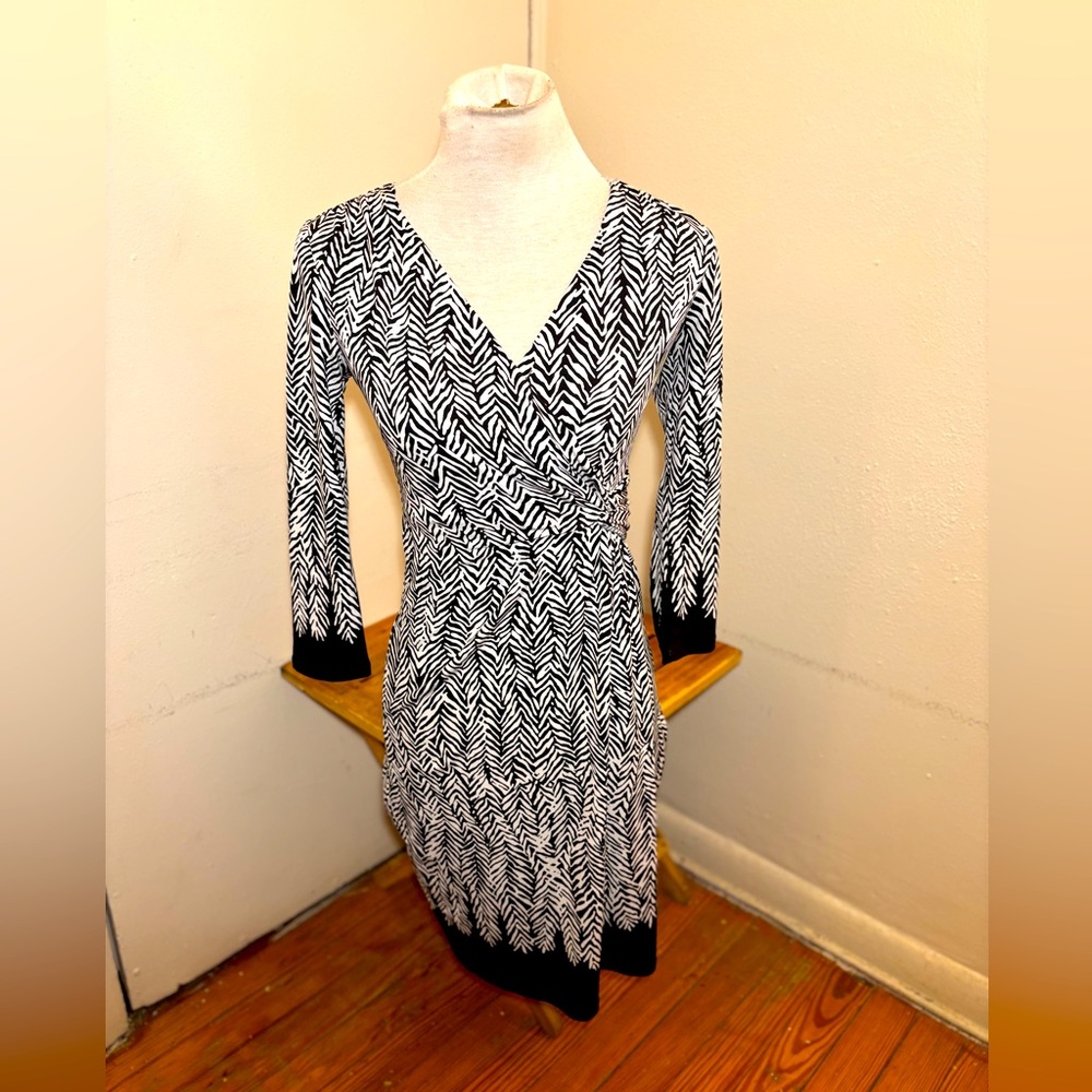 White House Black Market Black and White Chevron Wrap Midi Dress